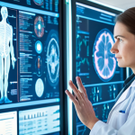 A professional neuroscientist in a lab coat, standing in a brightly lit modern medical research lab. She is looking at a holographic display showing complex genomic data and personalized treatment pathways for multiple sclerosis. The background features advanced medical equipment and blurred figures of other researchers, conveying an atmosphere of scientific innovation and hope. Perfect anatomy, correct proportions, natural pose, well-formed hands, proper finger count, professional dress, fully clothed, safe for work, appropriate content, high-resolution, detailed, cinematic lighting.