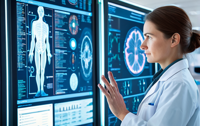 A professional neuroscientist in a lab coat, standing in a brightly lit modern medical research lab. She is looking at a holographic display showing complex genomic data and personalized treatment pathways for multiple sclerosis. The background features advanced medical equipment and blurred figures of other researchers, conveying an atmosphere of scientific innovation and hope. Perfect anatomy, correct proportions, natural pose, well-formed hands, proper finger count, professional dress, fully clothed, safe for work, appropriate content, high-resolution, detailed, cinematic lighting.